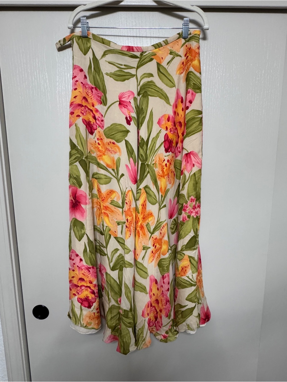 Dana Buchman silk Cream Maxi Skirt with Pink & Orange Floral Print